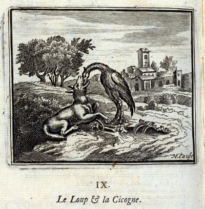 狼和鹳。Jean de La Fontaine (1621-95)的寓言。插图：弗朗索瓦-肖沃（1613-1676）。1728年的版本。 作者 弗朗索瓦·夏维