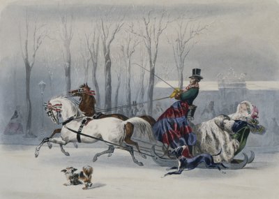 来自Journal les Modes Parisiennes的雪橇，印在巴黎（彩色雕刻） 作者 弗朗索瓦·克劳迪乌斯（Compoi Calix）之后
