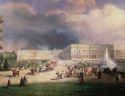 1844 年 5 月，法国国王路易·菲利普、他的家人和肯特公爵夫人在法国凡尔赛参加 Grandes Eaux（细节绘画） 作者 弗朗索瓦·埃德梅·里科伊斯