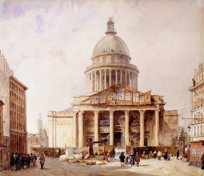 从 rue Soufflot 查看巴黎正在建设中的万神殿该建筑是在 Jacques Germain Soufflot（1713-1780）的项目上建造的，位于圣吉纳维夫教堂的遗址上。 弗朗索瓦·艾蒂安·维莱莱 (Francois Etienne Villeret) 的水彩画 (ca. 1800-1866) 1835. P 作者 弗朗索瓦·艾蒂安·维勒雷