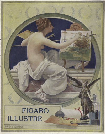 一个部分裸体女人在画架上画画 作者 Francois Flameng