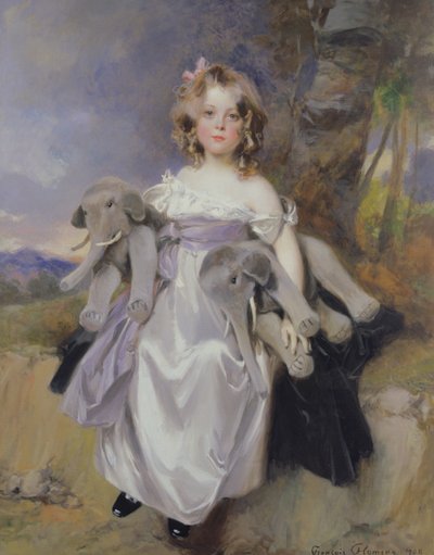 一个女孩的画象有玩具大象的，1908年 作者 Francois Flameng