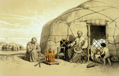 西伯利亚有祈祷轮的卡尔穆克人，插图来自Xavier Hommaire de Hell的《里海、高加索、克里米亚和俄罗斯东部的大草原》，约1838-42年（彩色平印）。 作者 弗朗索瓦·福斯特·安托万（后）费罗吉欧