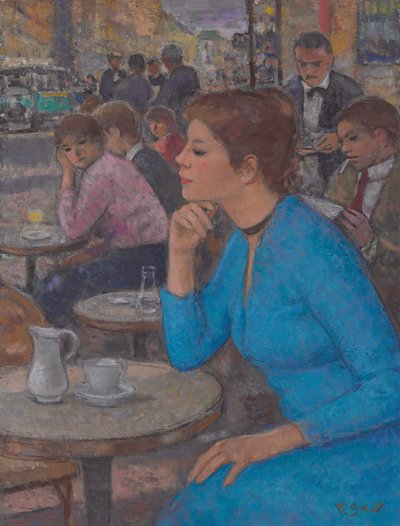 尤金妮（Eugenie）身着蓝色连衣裙，在巴黎Deux Magots举行，约摄于1980年，布面油画 作者 弗朗索瓦·加尔