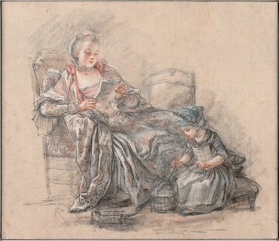 女人读书和女孩玩耍（大概是侯爵夫人庞巴杜与她的女儿亚历山大），1748年 作者 弗朗索瓦·奎林