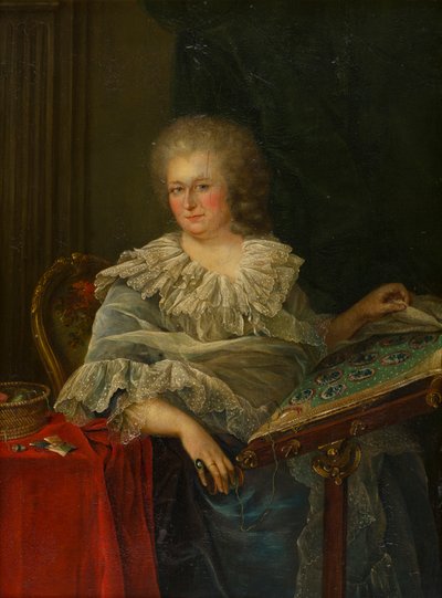托林顿子爵夫人坐在刺绣前的肖像，c.1747-75（面板油画） 作者 弗朗索瓦·休伯特（Drouais 的追随者）