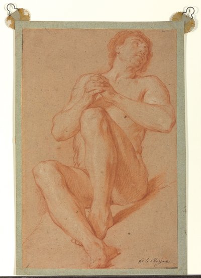 双手紧握的坐着的学术裸体，c.1723-24（浅棕色纸上的红色和白色粉笔） 作者 弗朗索瓦·勒莫恩