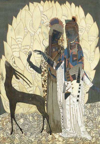 两名风格化的妇女，在树叶间穿羚羊，摄于1928年（漆和硬木d&39;oeuf木板） 作者 弗朗索瓦·路易斯（后）铁匠