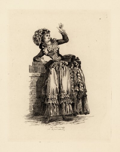 Fashionable woman in bonnet a la Nicolet, era of Marie Antoinette (etching) 作者 弗朗索瓦·路易·约瑟夫（后）瓦托