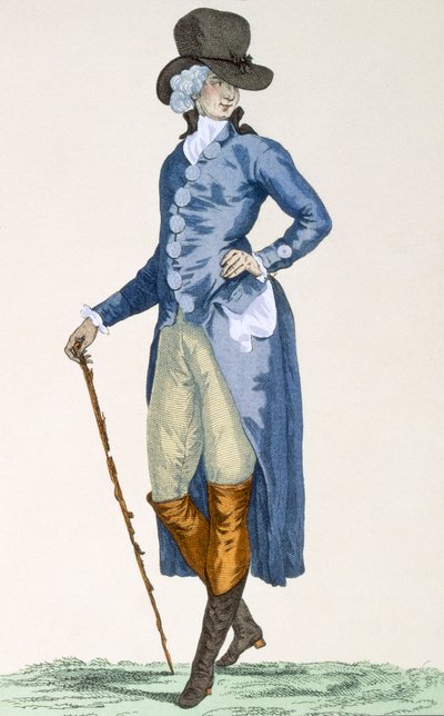 皇家大师穿着精美的蓝色外套，由Le Beau雕刻，来自&39;Galeries des Modes et Costumes Francais&39;的第256号板，c.1778-87 作者 弗朗索瓦·路易斯·约瑟夫·瓦托