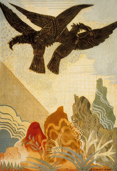 荷马的奥德赛：由Theo Schmied雕刻的预兆之鹰，1930-33彩色光刻 作者 弗朗索瓦路易斯史密斯