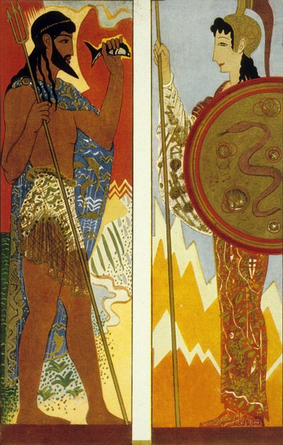 荷马的奥德赛：众神波塞冬和雅典娜，由Theo Schmied雕刻，1930-33彩色光刻 作者 弗朗索瓦路易斯史密斯