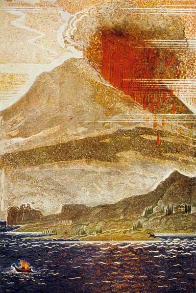 荷马的奥德赛：尤利西斯开辟的独眼巨人火山岛，由Theo Schmied雕刻，1930-33彩色光刻 作者 弗朗索瓦路易斯史密斯