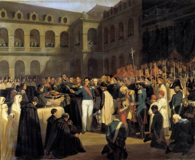 1835 年 5 月 8 日在路易-菲利普国王面前为 Fieschi 袭击的受害者举行葬礼 朱塞佩·菲斯基（科西嘉的阴谋家）于 1835 年 7 月 28 日对法国国王路易-菲利普一世的袭击发生在 Boulevard du Boulevard du 在巴黎的寺庙。 磷 作者 弗朗索瓦·马里乌斯·格兰内特