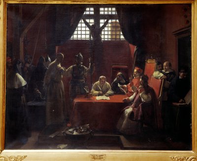 审讯萨沃纳罗拉（1452-1498）杰罗姆-萨沃纳罗拉（或吉罗拉莫-萨沃纳罗拉）（1452-1498）意大利僧侣和牧师在被驱逐和处决前被教皇亚历山大六世和佛罗伦萨市当局审判为异端。绘画 作者 Francois Marius Granet