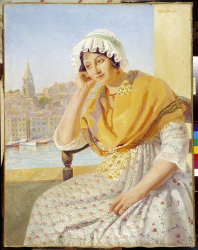 康坦辛夫人在马赛 Rive-Neuve 河边的露台上。Francois Marius Valere Bernard（1860-1936 年）的画作，必须提及：普罗旺斯基金会收藏，马赛。 作者 弗朗索瓦·马吕斯·瓦莱尔·伯纳德