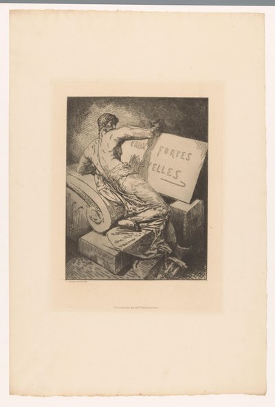 石碑上的人与标题印花
Eaux Fortes Nouvelles（物品上的标题）
1877 年不同版画家的蚀刻版画（系列名称）
1877 年的堡垒之水（系列标题） 作者 弗朗索瓦·尼古拉斯·奇夫拉特