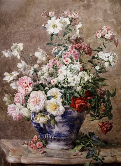 蓝白花瓶中的海葵和玫瑰静物。弗朗索瓦-里维埃尔（1842-1919 年）的画作，私人收藏。 作者 弗朗索瓦·里沃瓦（Francois Rivoire）