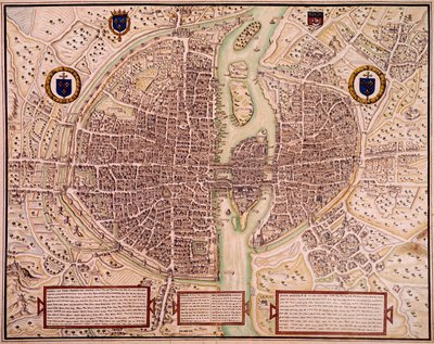 1540 年至 1555 年的巴黎市地图说到挂毯。 弗朗索瓦·罗杰·德·盖尼埃 (Francois Roger de Gaignieres) (1642-1715) 的雕刻。 巴黎，B.N. 作者 弗朗索瓦·罗杰·德·盖格涅雷斯