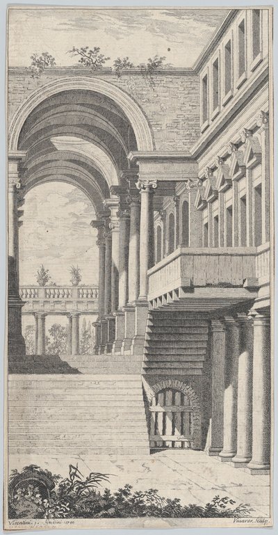 带拱门的建筑景观，1740年。 作者 弗朗索瓦·维瓦雷斯（Francois Vivares）