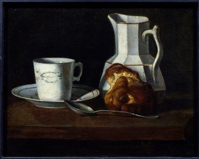 静物奶油蛋卷杯、一壶牛奶和奶油蛋卷。 弗朗索瓦丝·布林（Francoise Bourin，1817-1887）的绘画，十九世纪罗阿纳，约瑟夫·德谢莱特博物馆。 - 静物画、蛋糕杯、牛奶罐和奶油蛋卷。 弗朗索瓦丝·布林 (Francoise Bourin) 的绘画（1817-1887） 作者 弗朗索瓦丝·布林