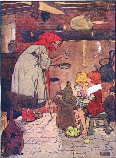 她带领他们进来，给他们一个美味的晚餐，来自Hanie和Gretel，由Blackie＆Son Limited出版，c.1940 作者 弗兰克·亚当斯