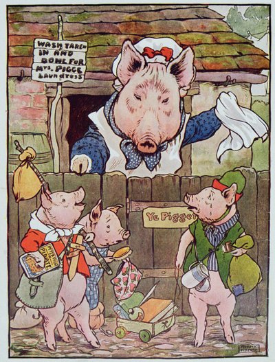 她把他们赶出了家门，让他们自己去寻找生活"，1930年代出版的《三只小猪》中的插图（彩色平印）。 作者 弗兰克·亚当斯
