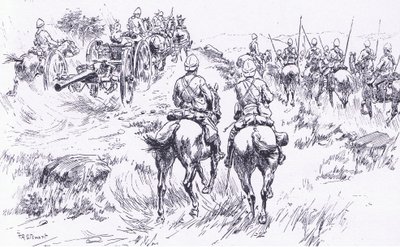 Bulgend骑兵和炮兵在Bergendal上前进，插图来自比勒陀利亚之后：The Guerilla War，1902 作者 弗兰克·阿尔金农·斯图尔特