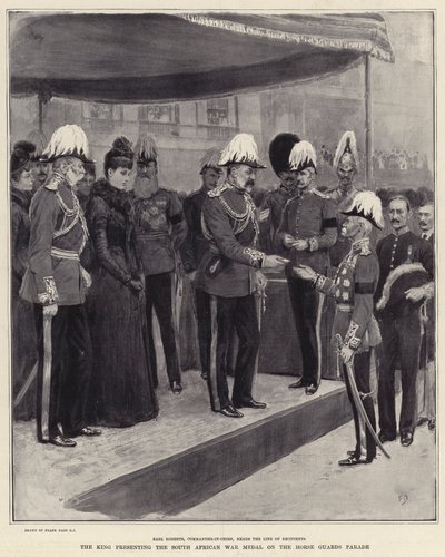 国王在骑兵卫队游行中展示南非战争奖章 作者 Frank Dadd