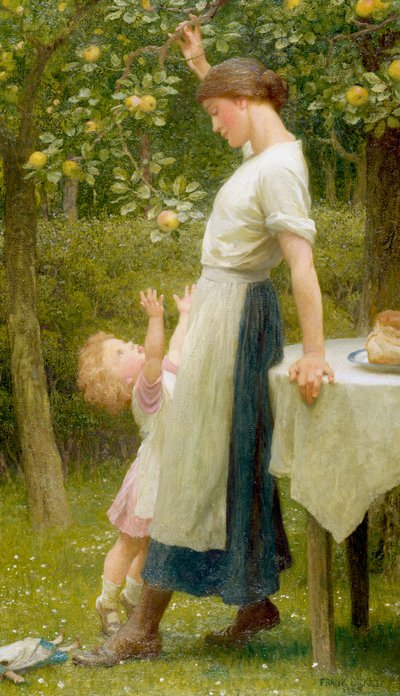 "夏娃的女儿们 一个小女孩试图抓住树枝上的苹果。水彩画，弗兰克-迪克西（1853-1928 年），1925 年 私人收藏 作者 弗兰克·迪克塞