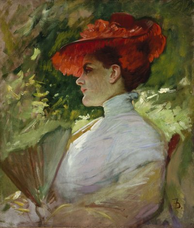 戴红帽子的女士或玛姬·威尔逊的肖像，约1904年（布面油画） 作者 Frank Duveneck