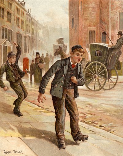 一个可疑的转折，男孩轮滑（chromolitho） 作者 弗兰克·费勒
