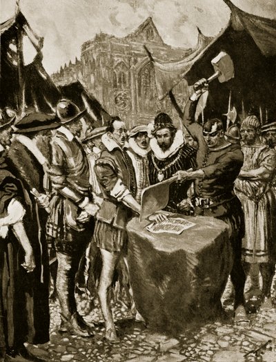 斯塔布斯的手被切断，1521年，插图来自“哈钦森的英国民族故事”，c.1923 作者 弗兰克·吉列特