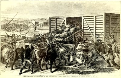 堪萨斯州阿比林的牛槽，约1871年（雕刻）。 作者 弗兰克·莱斯利