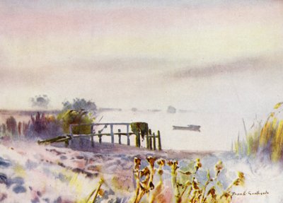 Norfolk Broads：Ormesby Broad 上的冰霜日出（彩色石版画） 作者 弗兰克·索斯盖特
