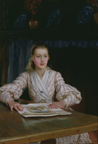 看印刷品的女孩，1889年 作者 弗兰克·威廉·沃里克·托普汉姆