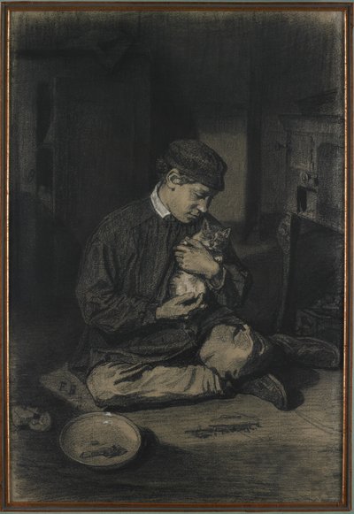坐着的男孩抱着一只猫（直肠）;研究小猫和一盘牛奶（反对），c。 1874-80（黑色粉笔用白色粉笔在白色纸上加高） 作者 弗朗索瓦·邦文