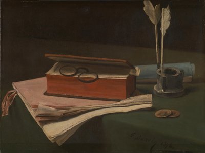 静物与书，论文和墨水池，1876年 作者 弗朗索瓦·邦文