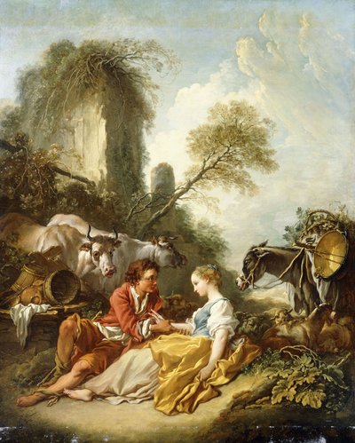 田园风景，牧羊人和牧羊女坐在废墟上， 作者 François Boucher