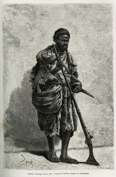 Antelope hunter. Engraving by Courboin, to illustrate the Algerian Sahara, by V.Largeau, in 1874-1878, published in the Tour du monde, under the direction of Edouard Charton (1807-1890) 作者 弗朗索瓦·库本（FrançoisCourboin）
