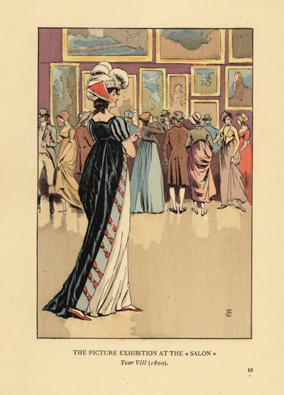 穿着时尚服装的女子在巴黎沙龙的图片展上，Academie des Beaux-Arts，第8年 作者 弗朗索瓦·库本（FrançoisCourboin）