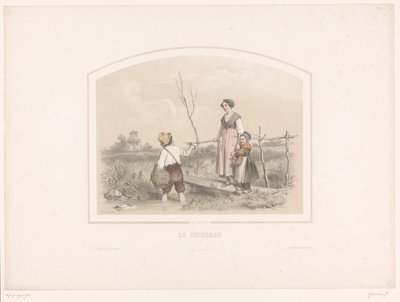 男孩向溪边的妇女和儿童展示龙虾 Le ruisseau（物体上的标题） 作者 Bulla frères 和 Eugène Jouy