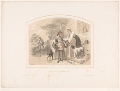 妇女提着篮子去市场买家禽
Le jour de marché（物品上的标题） 作者 Bulla frères 和 Eugène Jouy