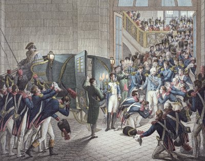 1815年3月19日，路易十八（1755-1824）法国国王和纳瓦拉从Les Tuileries出发（彩色版画） 作者 弗朗索瓦·约瑟夫·海姆
