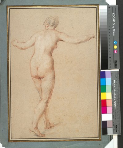 从背后看站立的女性裸体，约 1722 年（纸面上的红色、黑色和白色粉笔画） 作者 弗朗索瓦·勒莫恩