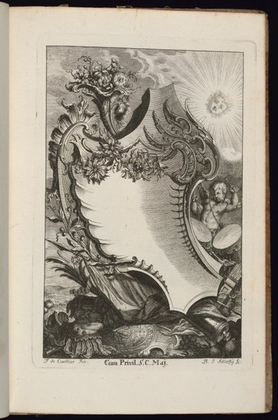 带有茱萸和太阳的卡图，Livre de Cartouches Irréguliers（不规则卡图之书）。 作者 老弗朗索瓦·德·居维利埃