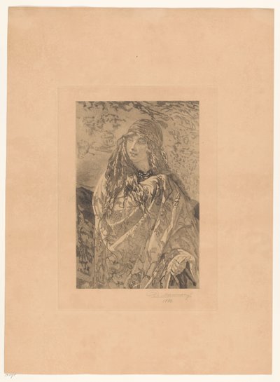披着碎花披肩的年轻女子 作者 Francois de Meersman（艺术家签名）