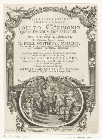 密涅瓦称赞作家
扉页：Johannes Carolus de Roo, Dissertatio juridica inauguralis, ad tit. 作者 弗朗索瓦·范·布莱斯维克