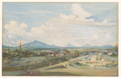 三宝垄的 Tillemaplein，背景是 Sindoro 和 Soembing 火山 作者 Frans Bakker（艺术家签名）