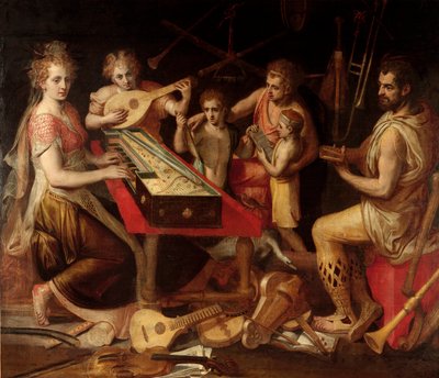 Music Characters vetus 拥有构成寓言的古老乐器环绕。 Frans Floris (1515-1570) 16 世纪 Genes 的画作，私人收藏 作者 弗朗斯·弗洛里斯（Frans Floris）